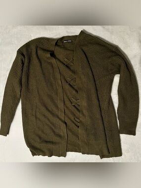 Large Olive Knit Open-Front Sweater Cardigan with Lace-Up Detail -